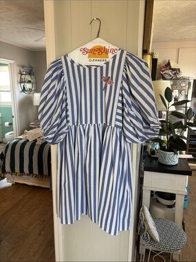 Blue and White Striped Puff Sleeve Dress
